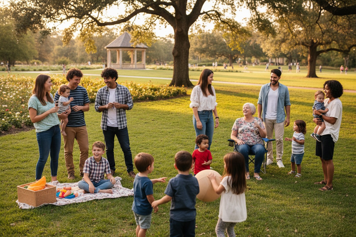 Um grupo multigeracional de pessoas se reúne para um piquenique em um parque ensolarado, com adultos conversando e crianças brincando na grama.