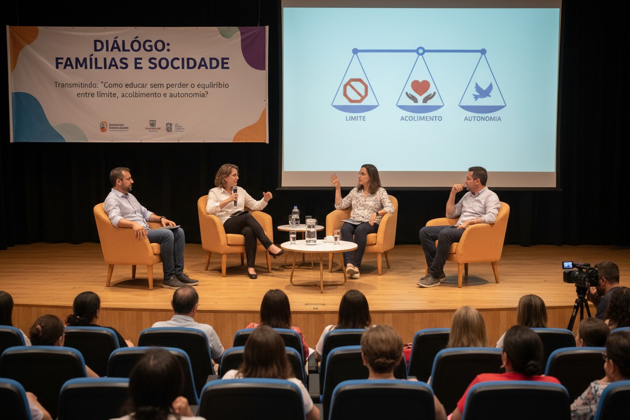 Quatro pessoas participam de um painel de discussão sobre famílias e sociedade em um palco com uma plateia assistindo.